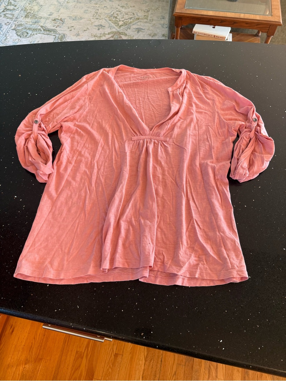 LOFT Dusty Rose V-Neck Roll-Tab Sleeve Tunic